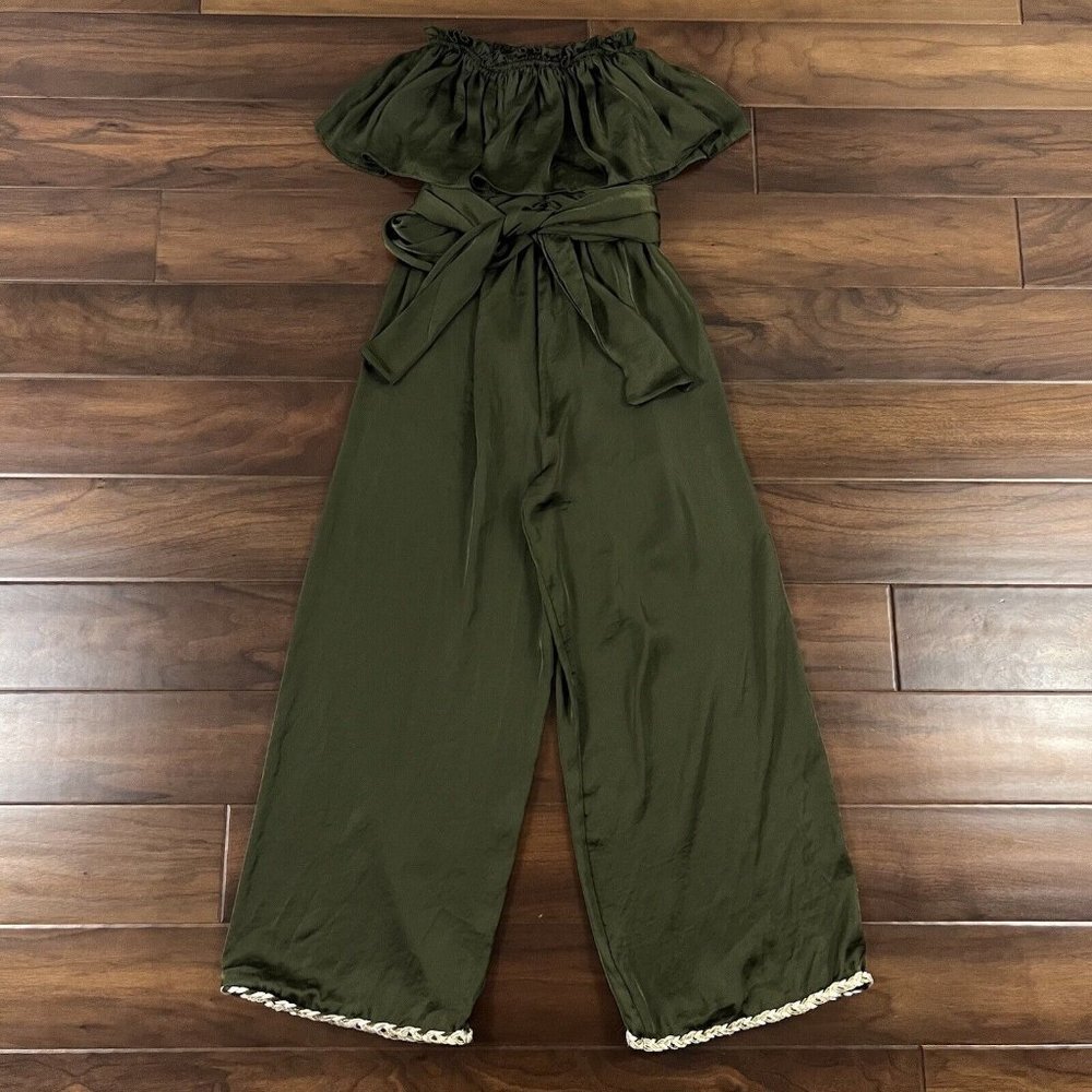 Misa Women's Size XS Olive Green Satin Strapless Jumpsuit